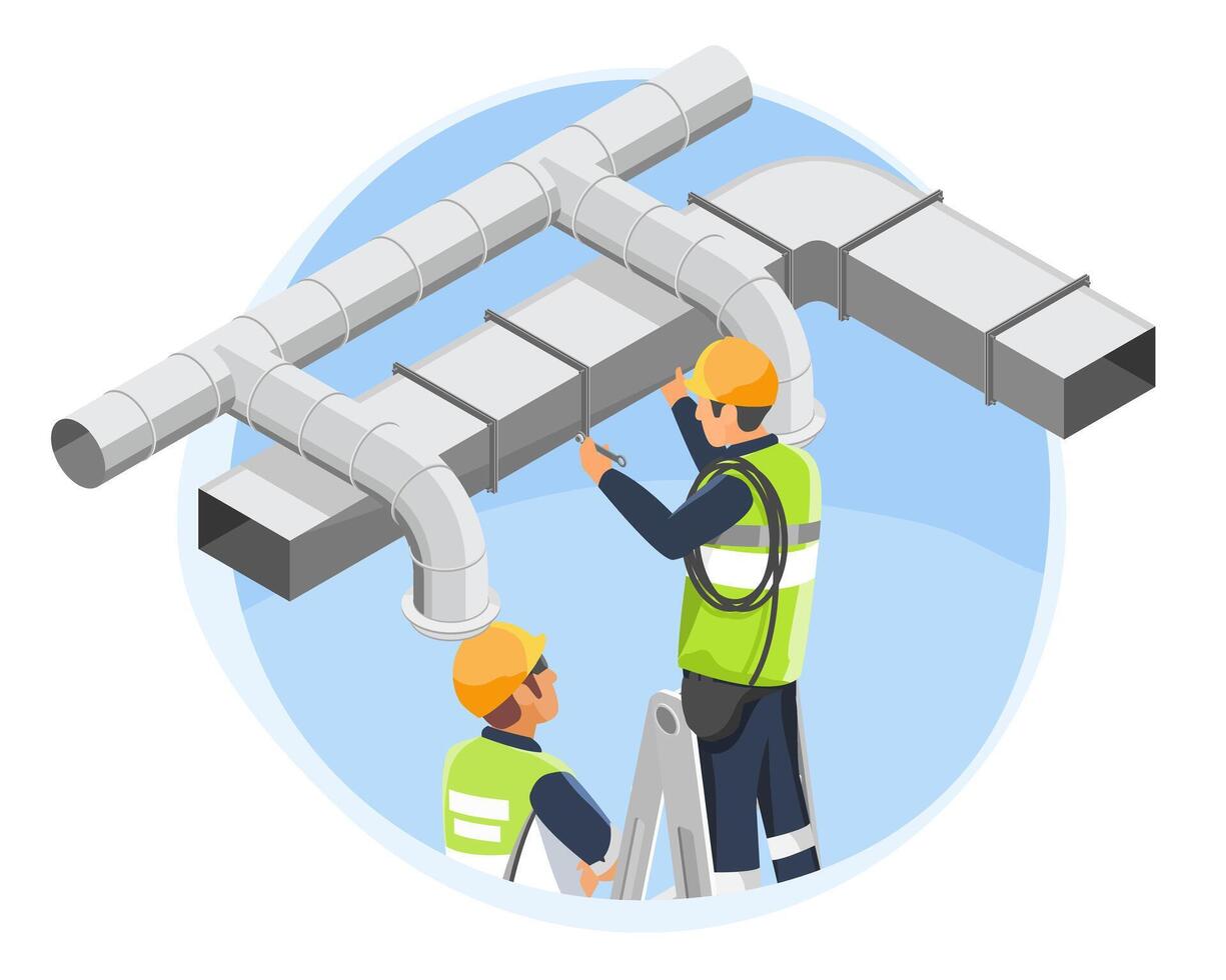 HVAC ductwork installation team of two male technicians in safety vests and helmets working on industrial air ventilation system on ceiling indoors vector