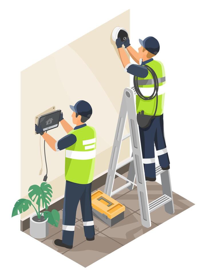 Smart home system installation by two professional technicians setting up security camera and control panel inside residential interior space vector