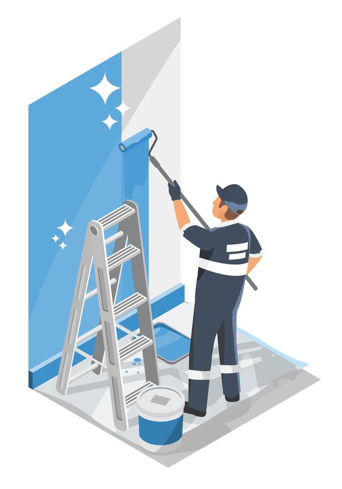 Professional painter applying heat resistant blue coating on interior wall for energy saving and thermal protection in modern renovation project vector