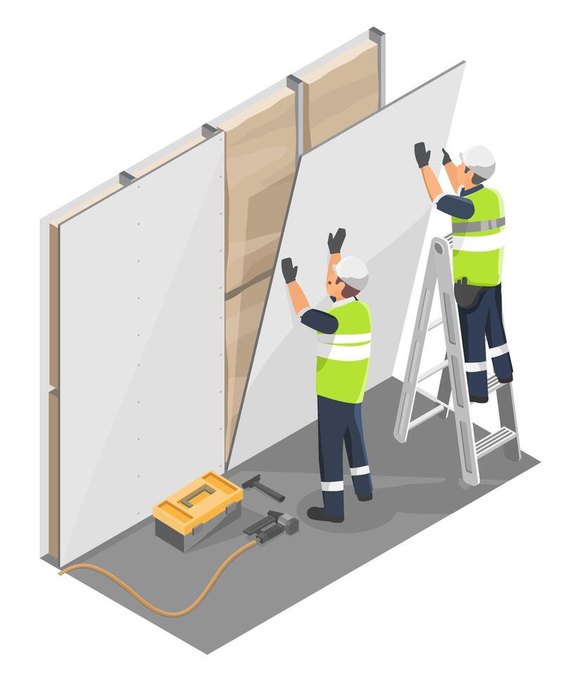 Worker installing drywall in residential building using thermal insulation panels for energy efficient interior wall construction and climate control improvement vector