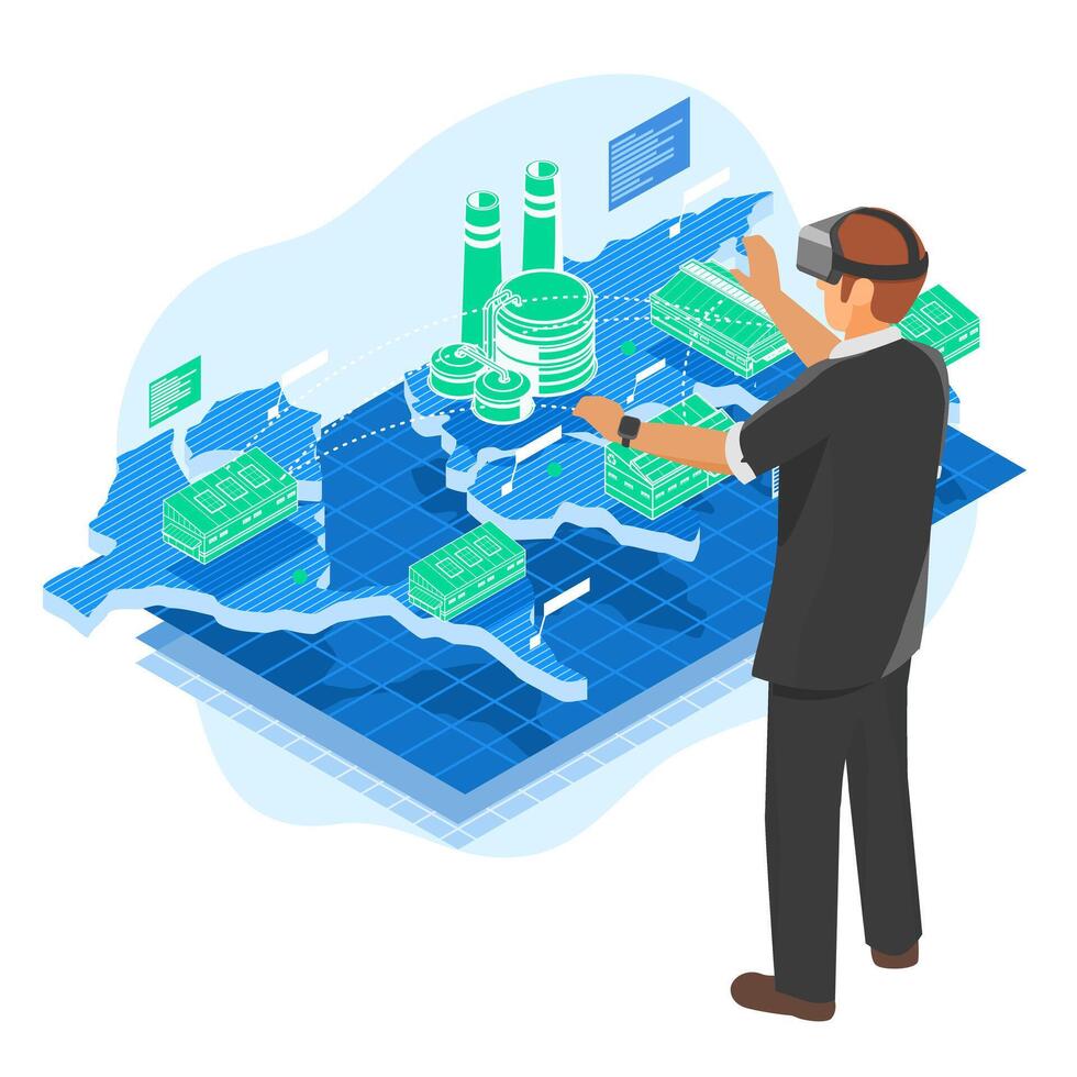 Businessman using virtual reality technology to manage global supply chain and industrial production through interactive isometric digital map with factory and logistics elements vector