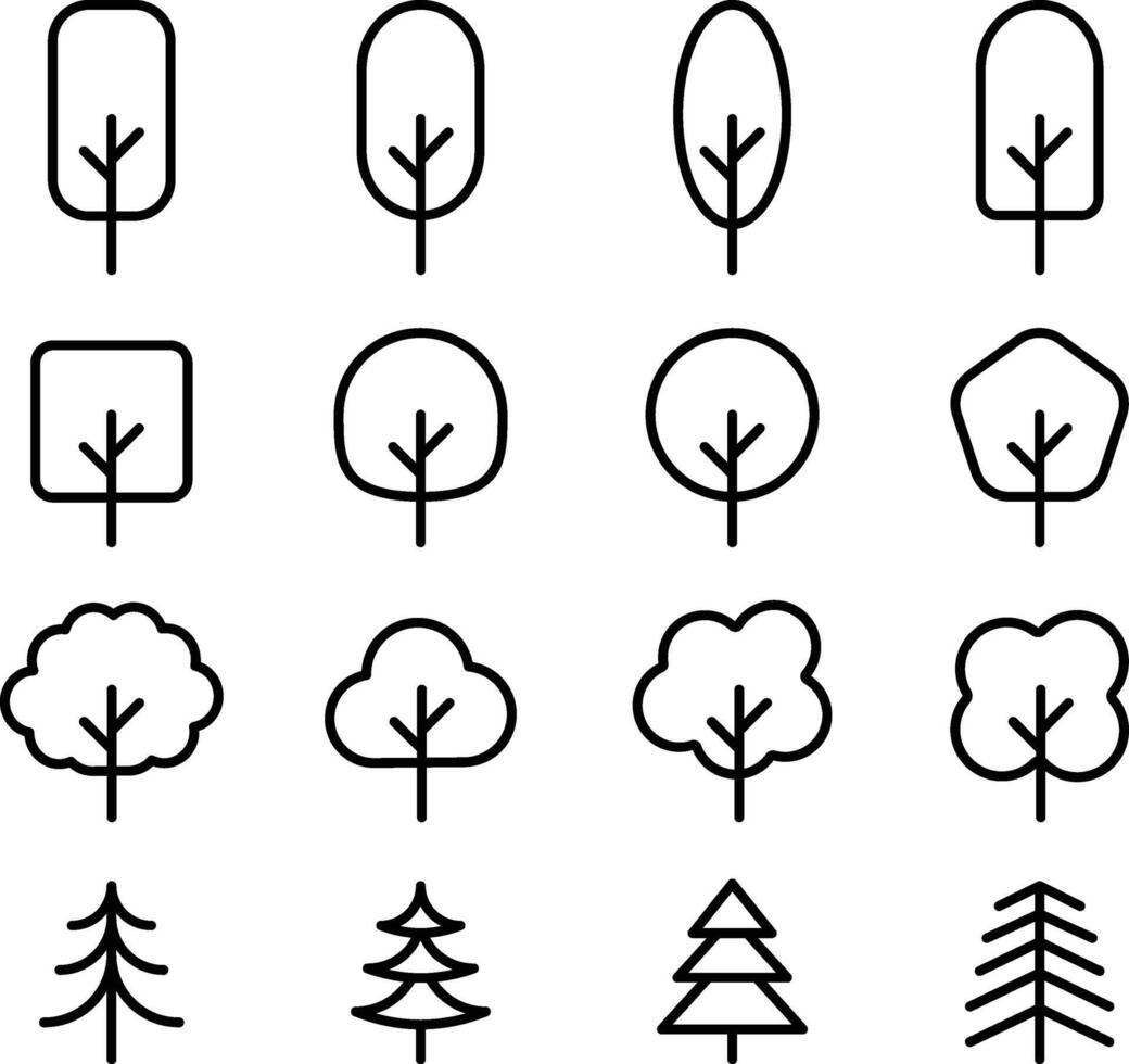 A Set of Tree Line Icon, Simple Modern Collection for Design, Web Sites, Apps, Cards. Contains Linear Images of Deciduous and Coniferous Trees vector