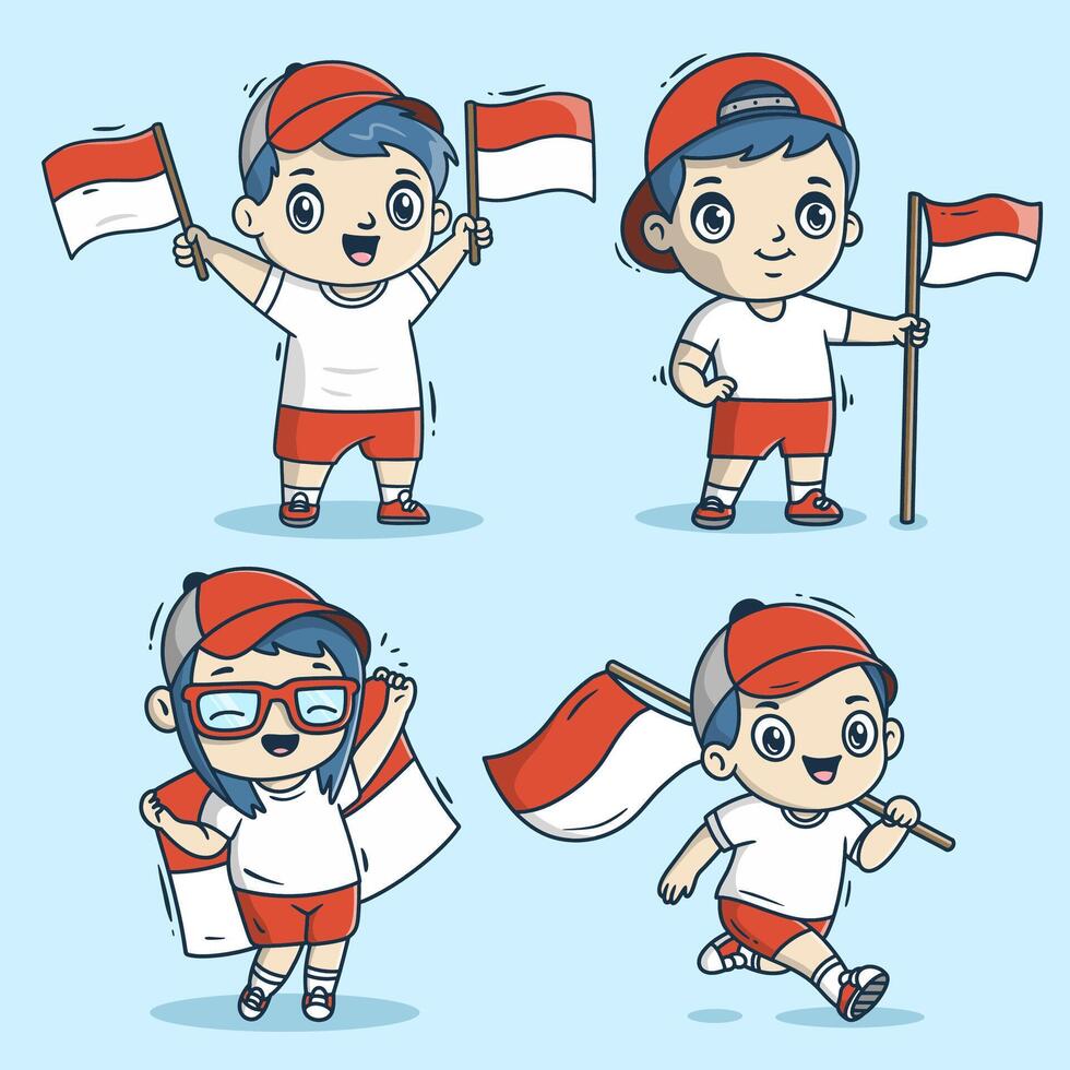 Cute boy and girl character holding the Indonesian flag. in 4 pose vector