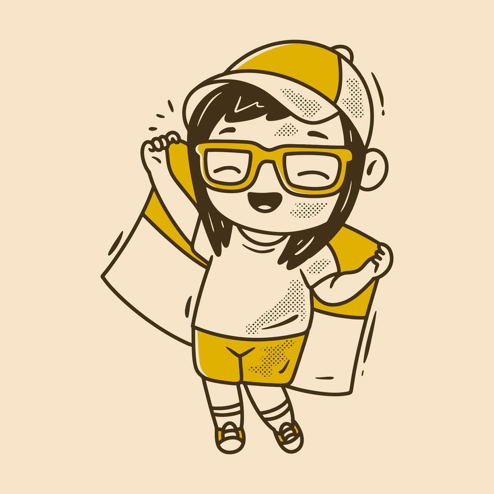 Retro girl character wearing a hat holding a flag vector