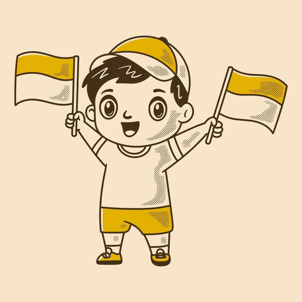 Retro boy character wearing a hat holding two flag vector