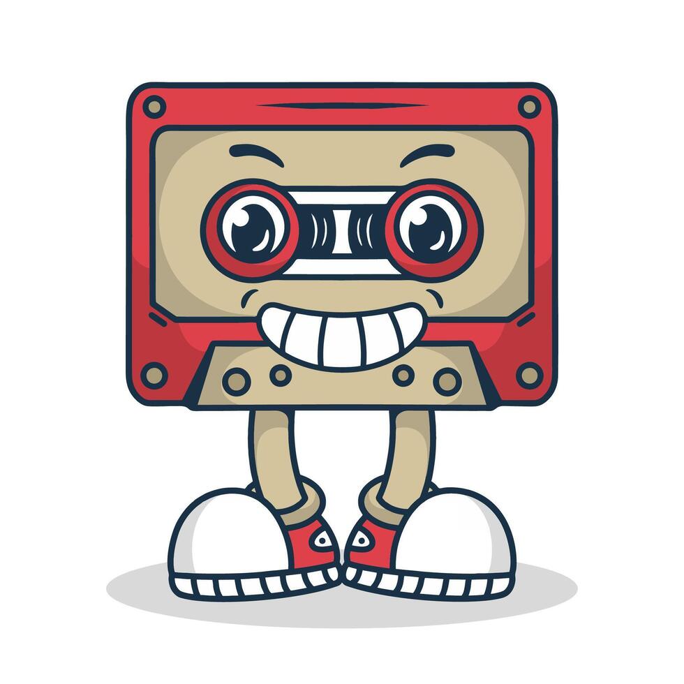 Red cassette tape character with leg, in standing pose with smiling face vector