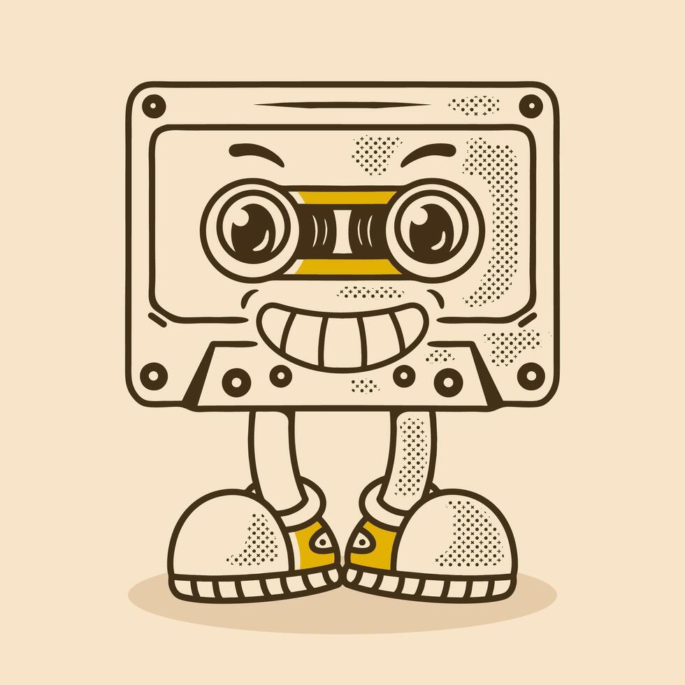 Cassette tape character with leg, in standing pose with smiling face vector