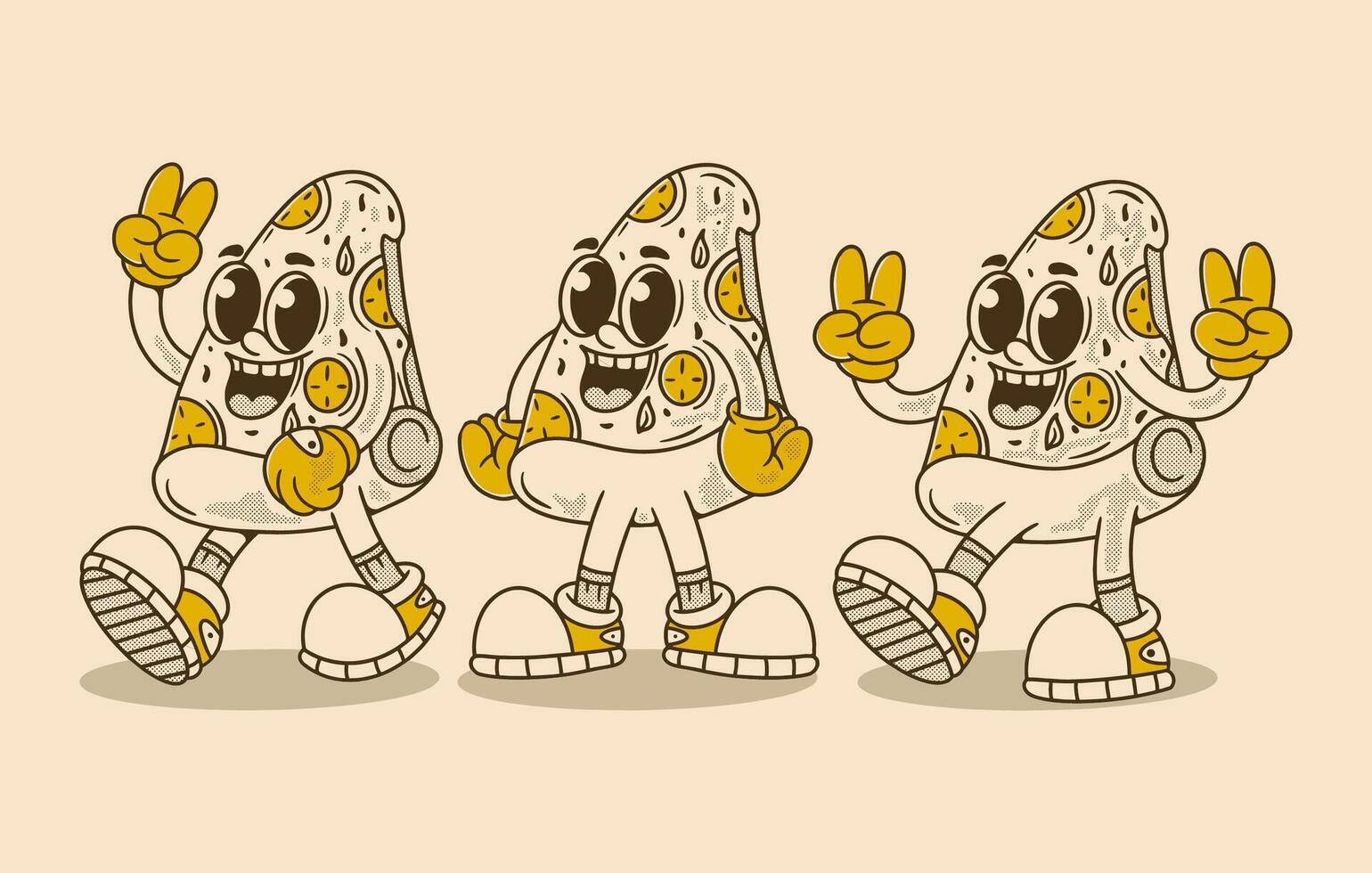 3 pizza slice mascot character with 3 pose, in retro colors vector