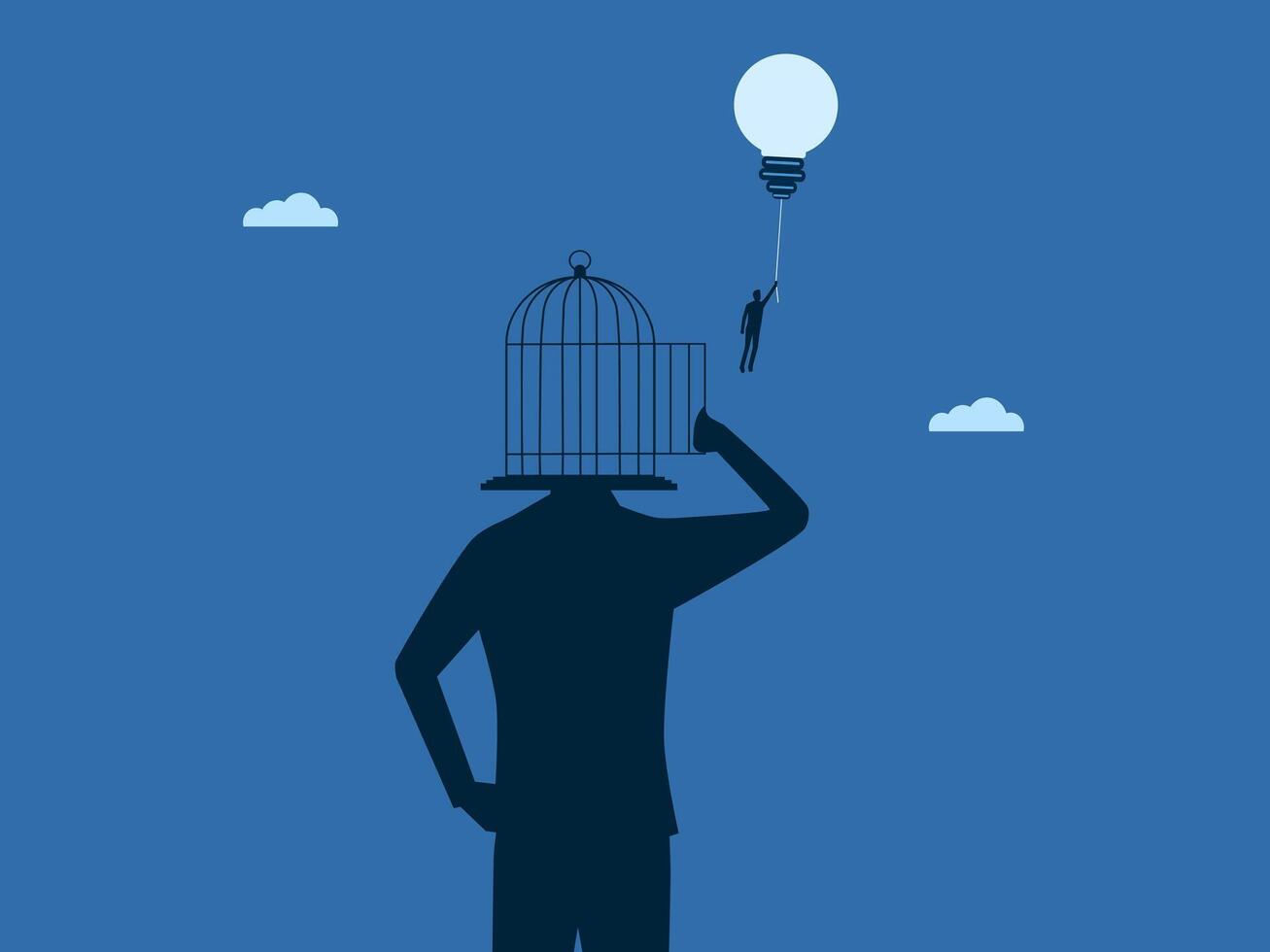 Businessman flies out of brain cage with light bulb balloon vector