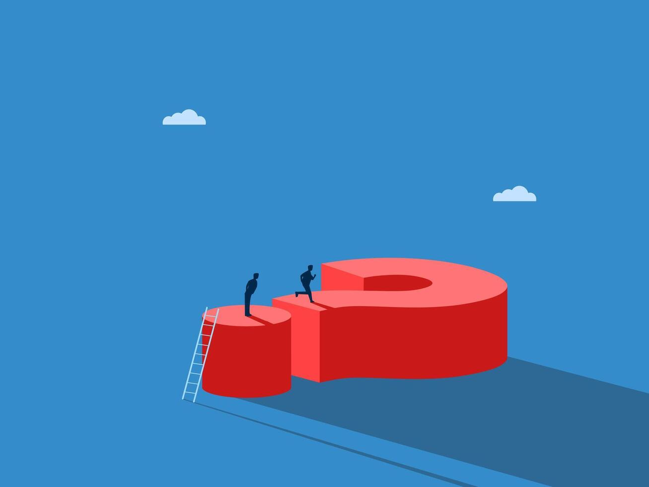 Businessman stands watching competitor jump over obstacles on big question mark vector
