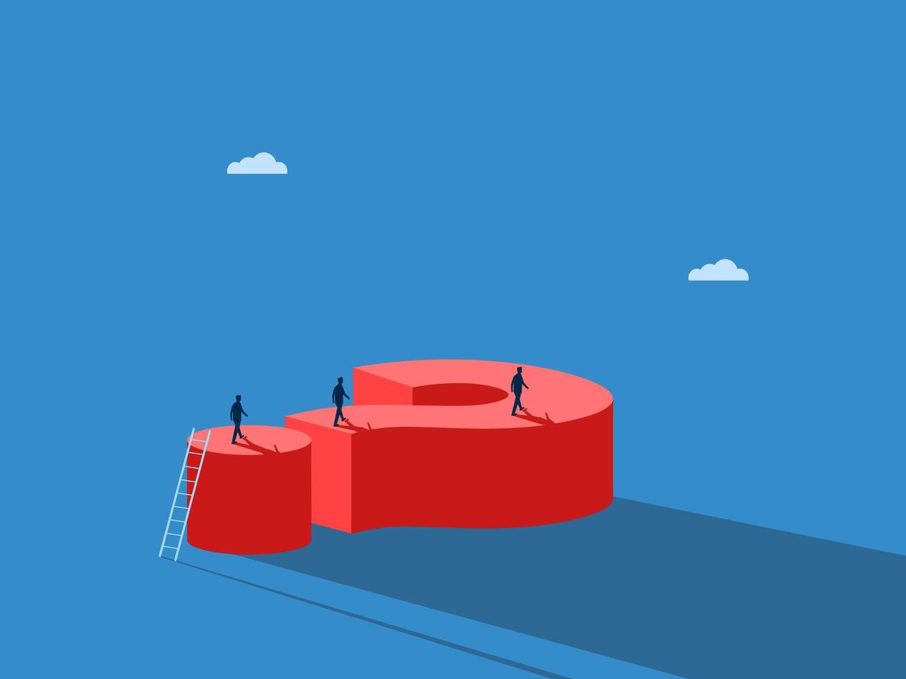 Business team walks on big question mark and overcomes obstacles vector