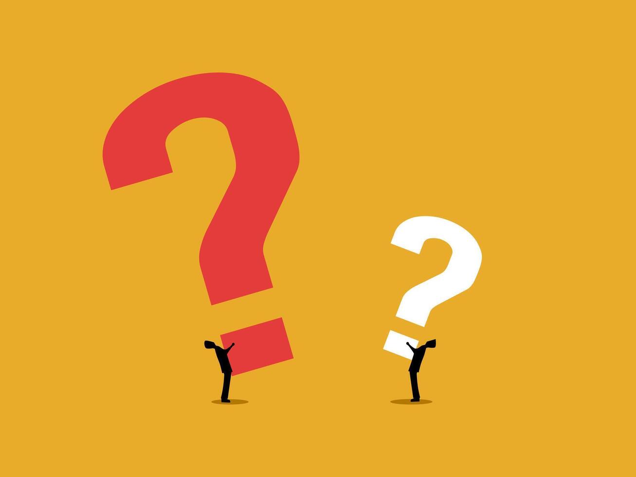 Different risks, two businessmen holding burdens of different sizes of question marks vector