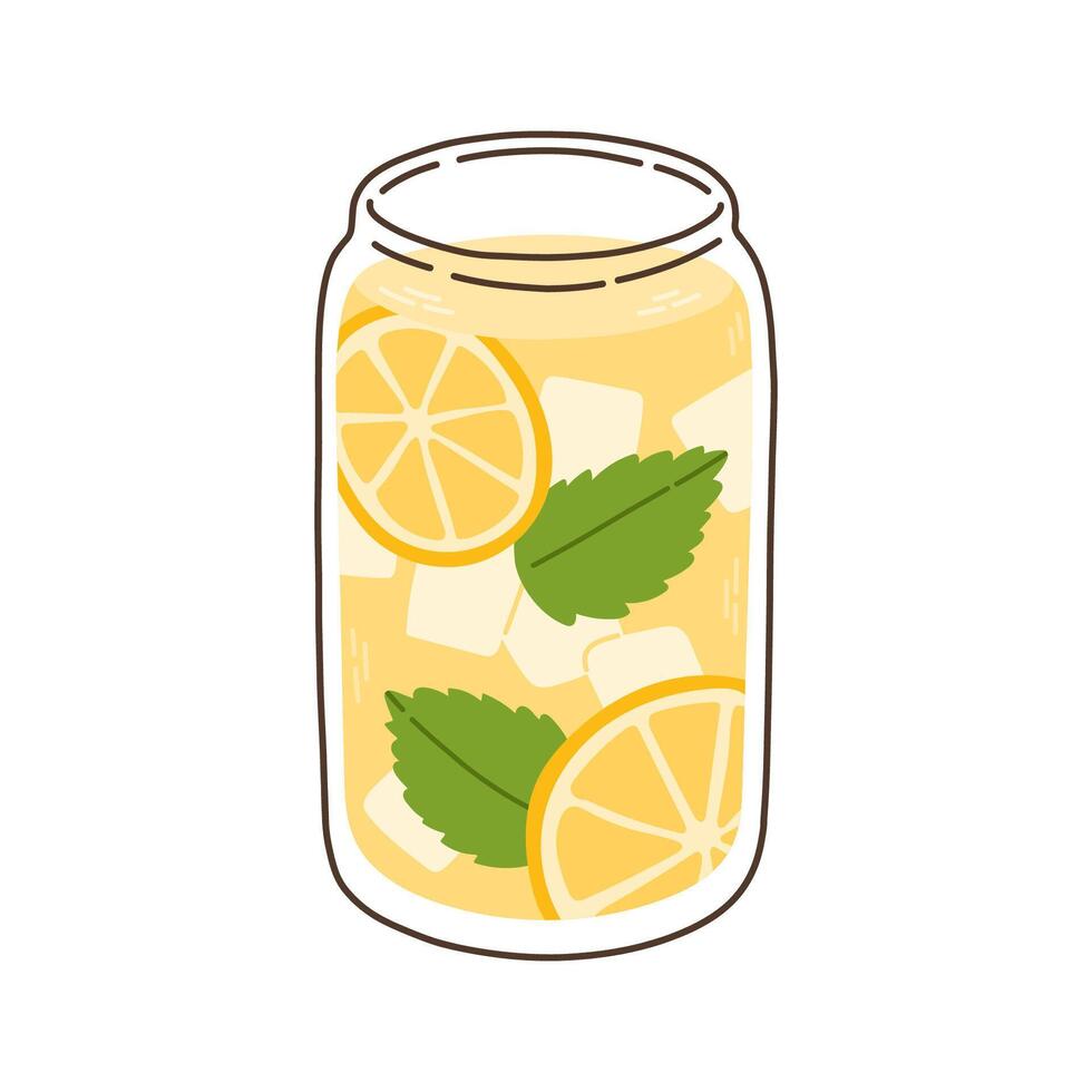 A refreshing yellow drink in a glass jar. It has ice cubes, lemon slices, and green mint leaves. illustration blended smoothie for logo, ads, promotion, marketing, banner. vector
