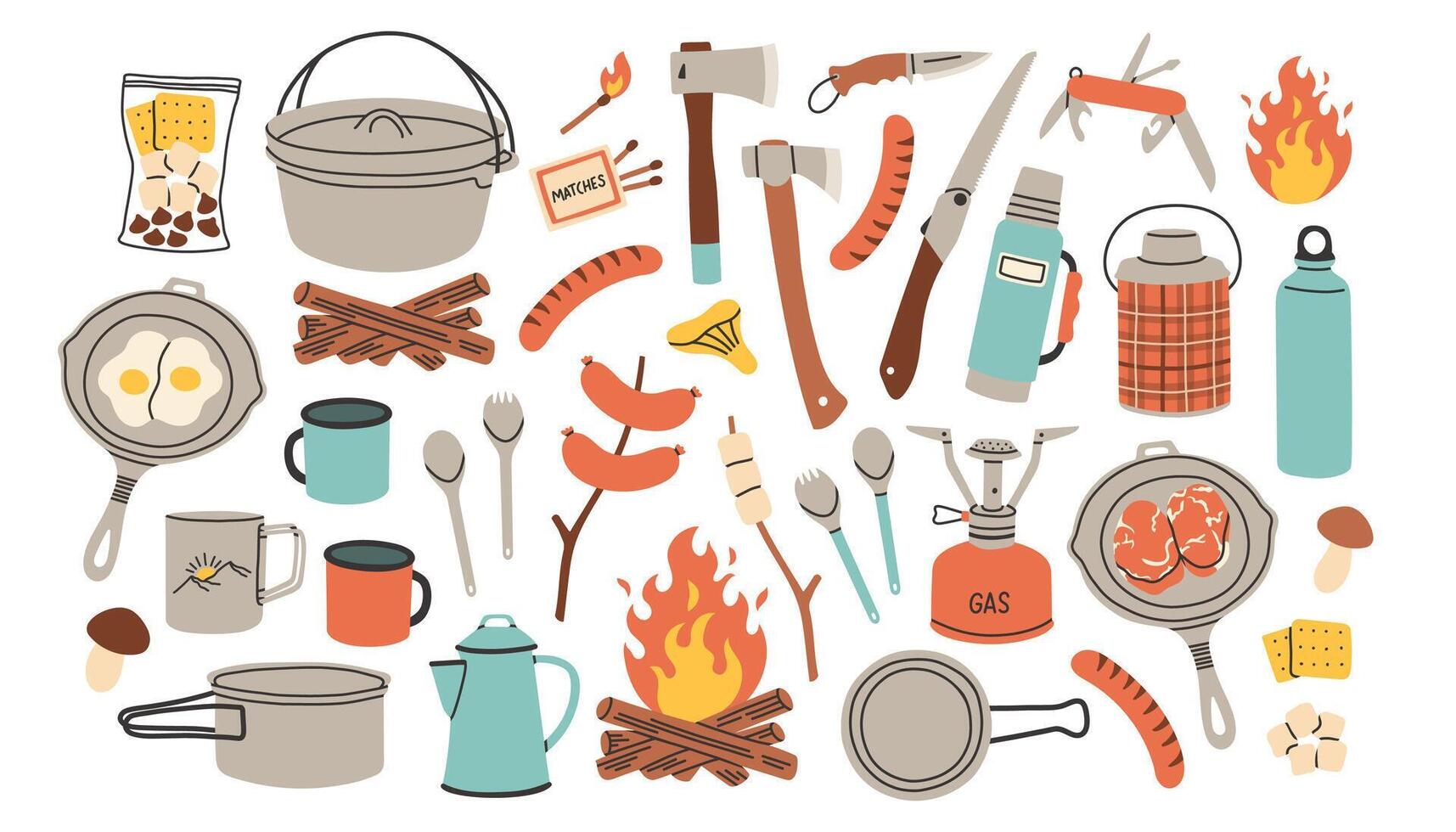 Camping food set. Summer travel and picnic stuff. Tourism and adventure accessories. Campfire, marshmallow, sausage, pan, thermos and mug. Flat graphic illustration isolated on white background vector