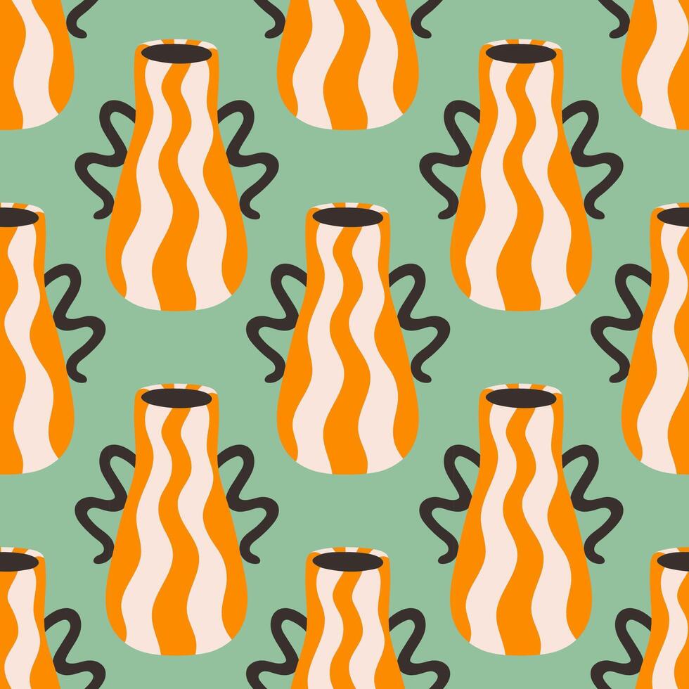 seamless pattern of ceramic vase with abstract design. Cartoon illustration isolated on a green blue background. vector