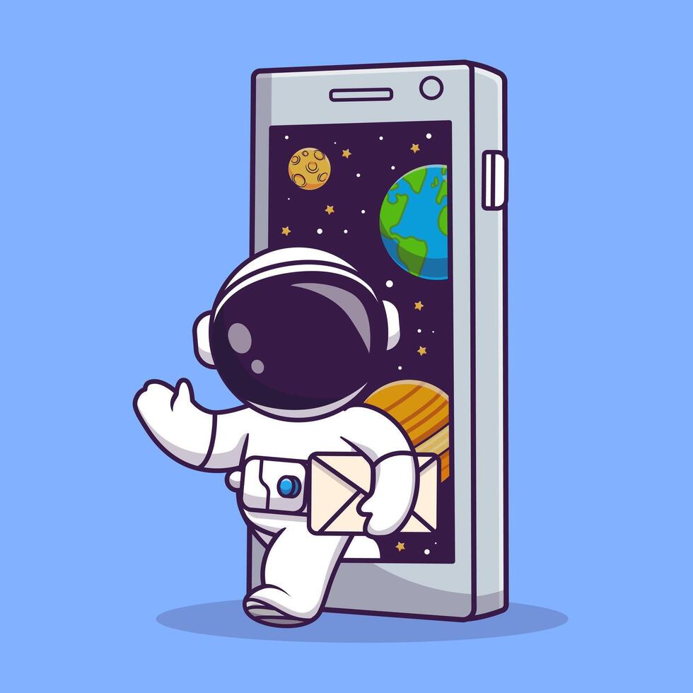 Cute Astronaut Out Of Space Phone With Envelope Mail Cartoon vector