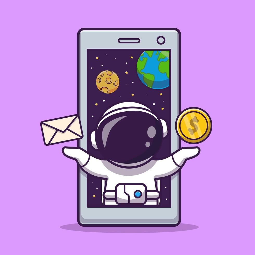 Cute Astronaut With Envelope Mail And Gold Coin In Phone Space Cartoon vector