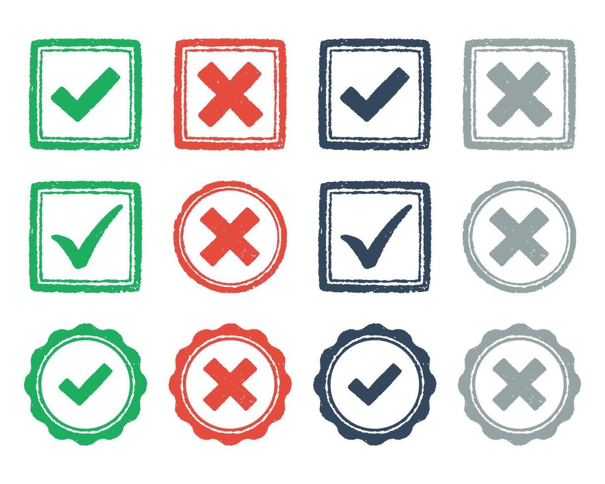 Checkmark and cross stamp icon pack, symbolizes approved, rejected, verified, denied, accepted, declined, and other approval results vector