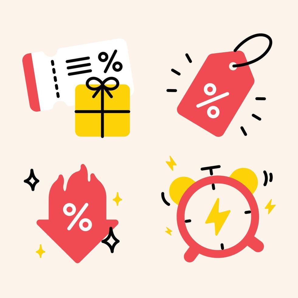 Marketing Callout Pack, including voucher, alarm alert, price reduction, and percentage tag. Ideal for advertising banners and seasonal campaigns. vector