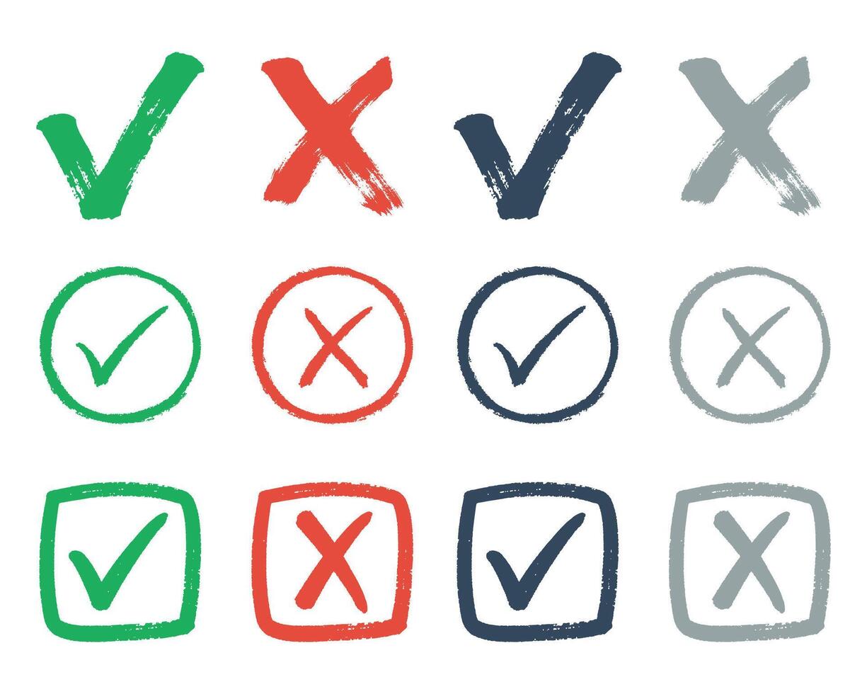 Checkmark and cross icon pack, symbolizing right, wrong, correct, approved, rejected, and other approval outcomes. Designed in brush, pen, and handwritten styles with square, oval, and organic shapes vector