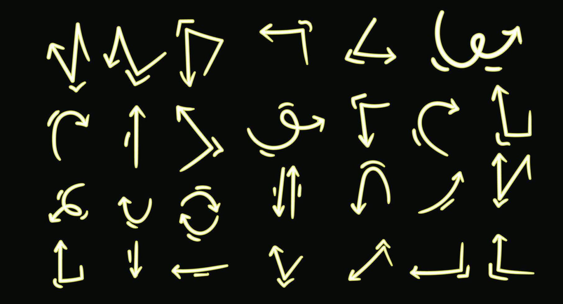 Bright Neon Scribble Arrows Glowing Hand Drawn Directional Signs for UI UX Infographics and Digital Artwork vector
