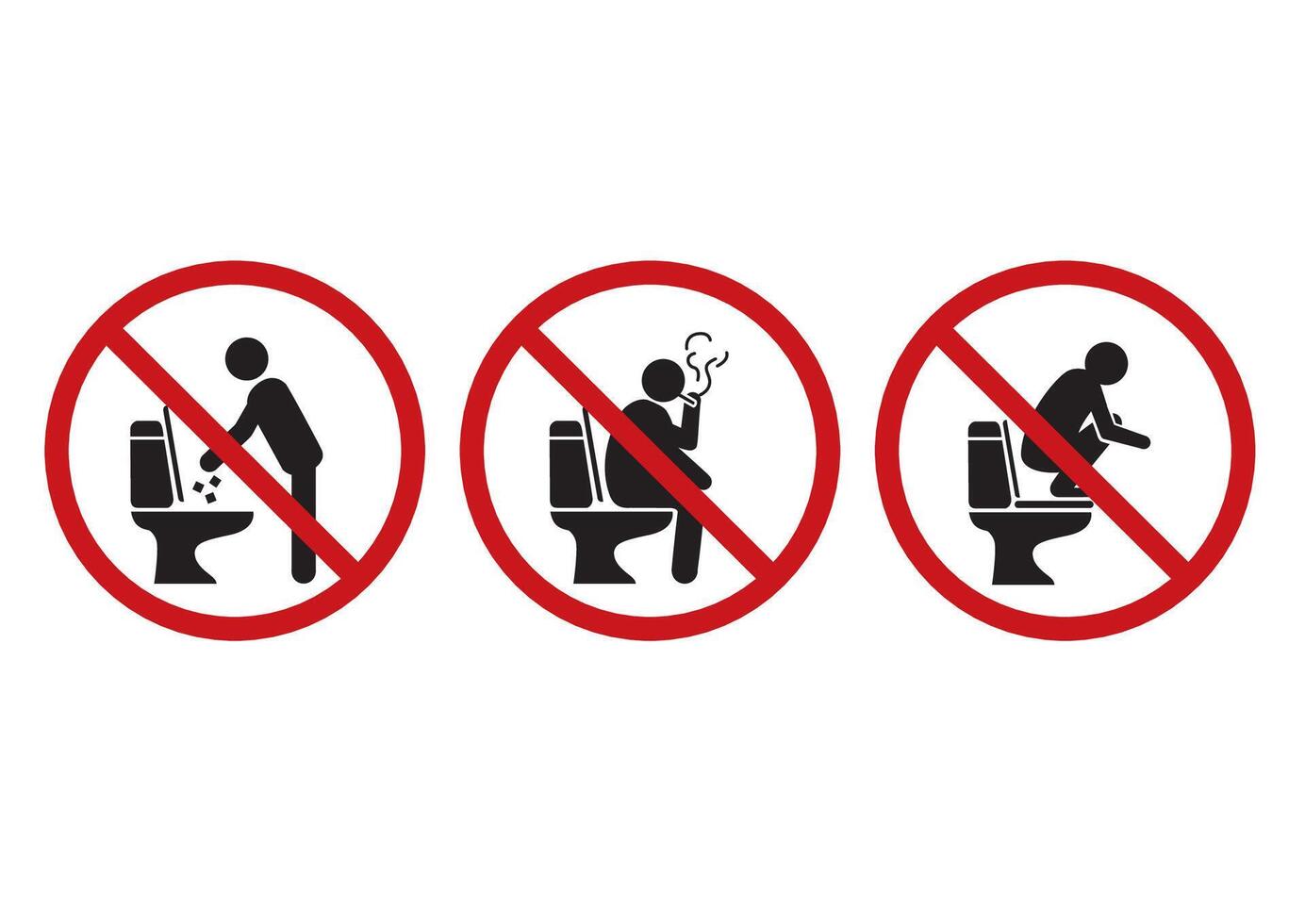 Set of No Activity signs featuring prohibited actions in restrooms or toilet to maintain cleanliness and hygiene standards in public facilities. vector