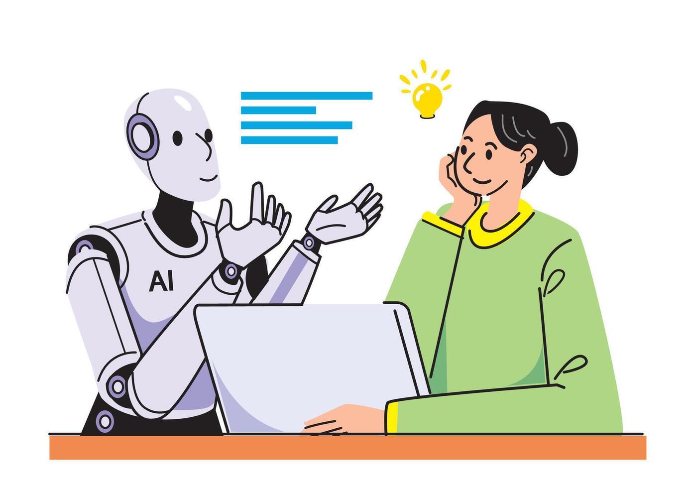 A friendly AI robot interacting with a smiling woman in a cozy home office environment while sharing ideas and insights. vector