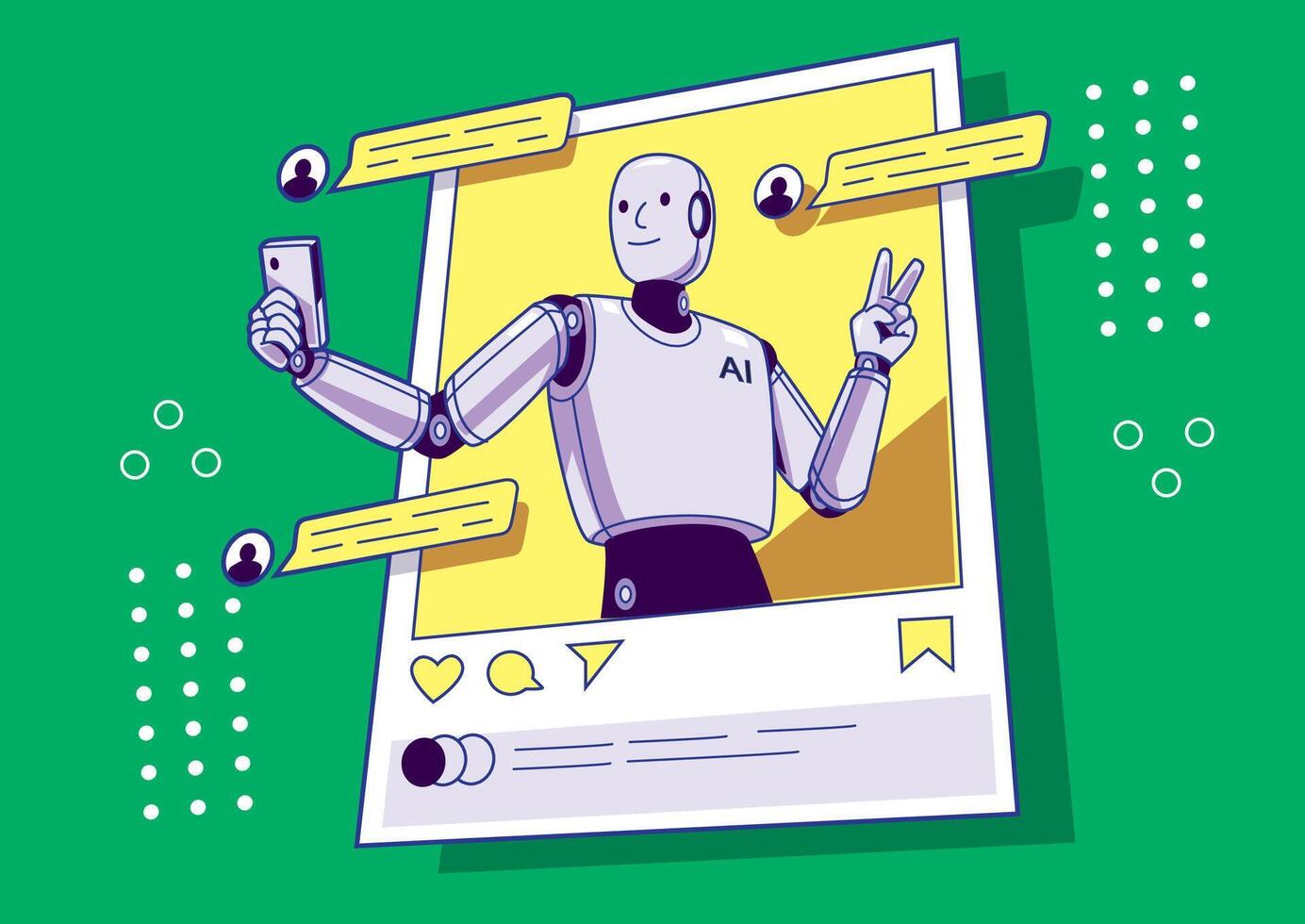 Friendly AI robot taking a selfie while interacting on social media platform with speech bubbles. Technology concept vector