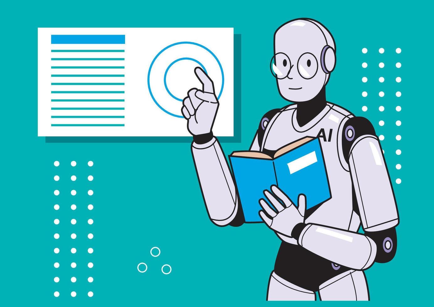 An AI robot holding a book and pointing thoughtfully, demonstrating a focus on learning and knowledge in a vibrant environment. vector