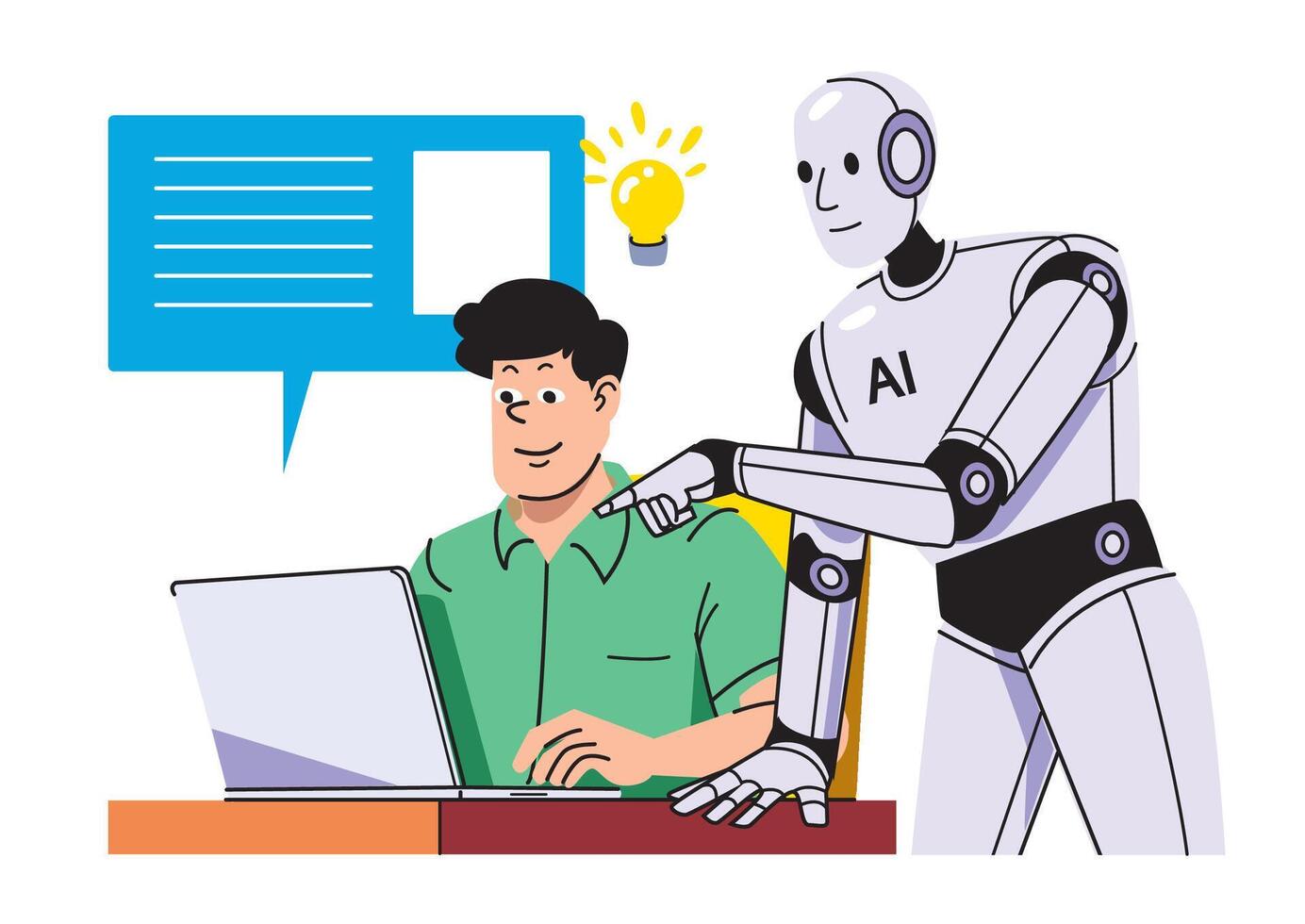 An AI robot assisting a man at a laptop, highlighting a moment of inspiration with a light bulb symbolizing creativity and collaboration. vector