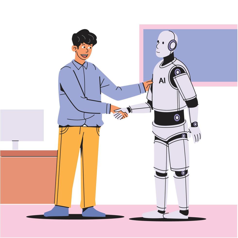 A friendly young man shaking hands with an AI robot, symbolizing collaboration and partnership in a modern workspace. vector