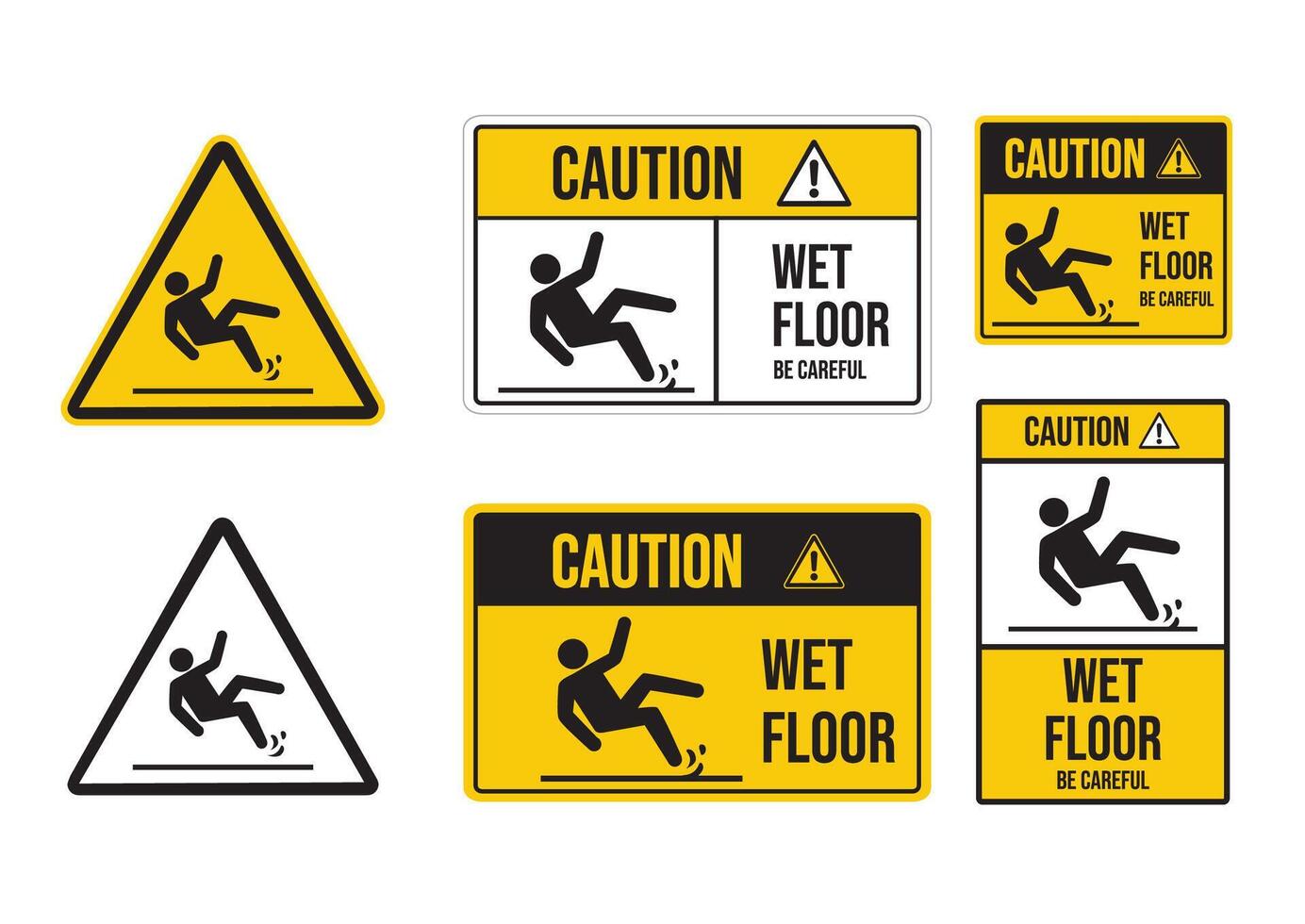 Variety of Caution Wet Floor signs designed to alert individuals about slippery surfaces to prevent accidents and ensure safety. vector