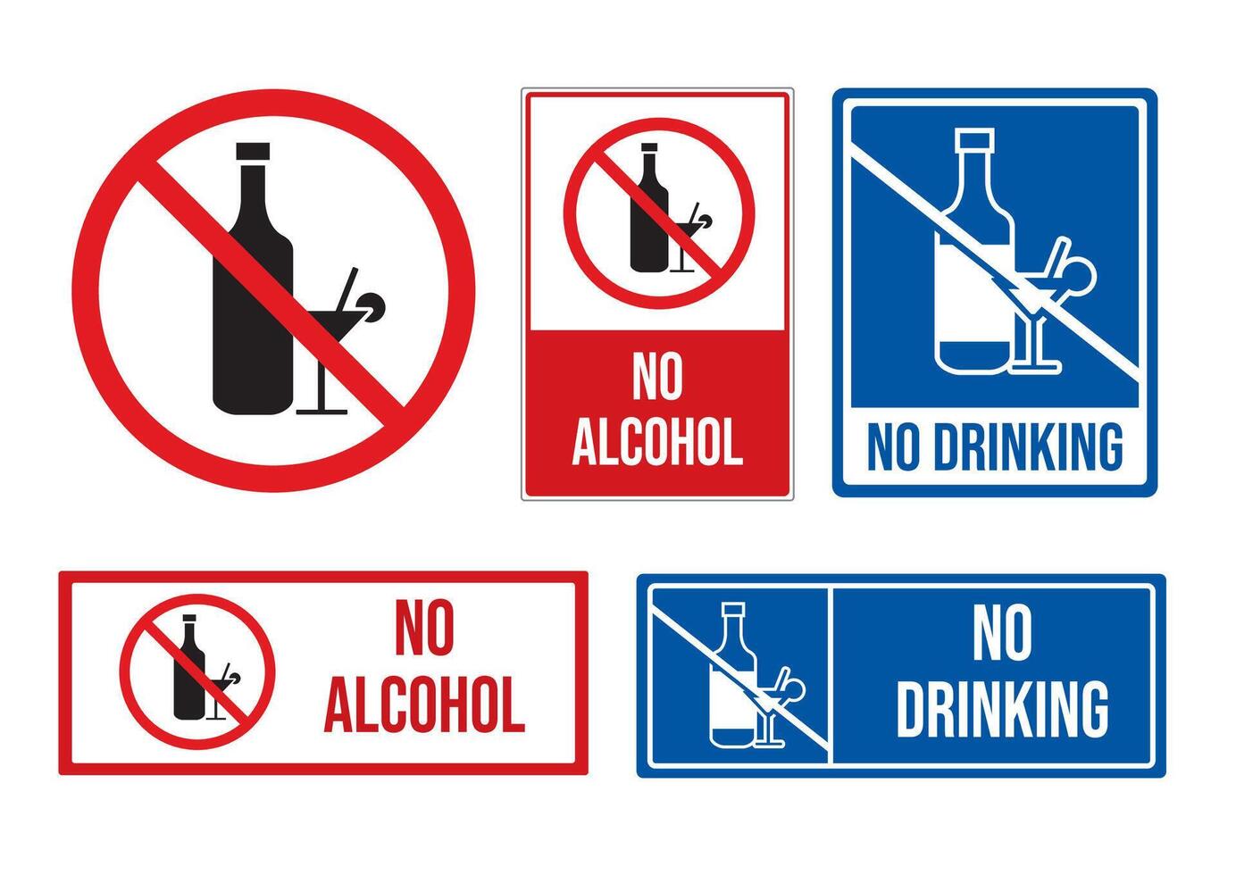 Variety of signs prohibiting alcohol consumption, including No Alcohol and No Drinking, emphasizing safety and health awareness. vector