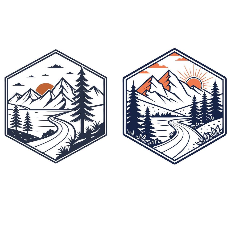 Hexagonal illustrations featuring a serene mountain landscape with winding roads, tall pine trees, and a setting sun, capturing the essence of a peaceful journey through nature illustration vector