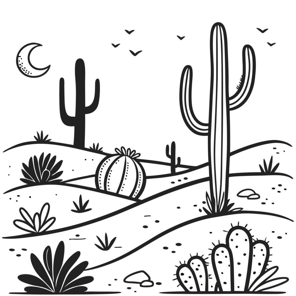 Desert landscape with various cacti, rolling hills, and a crescent moon in a black and white illustration illustration vector