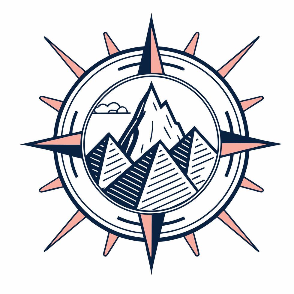 Vintage compass rose with mountain peaks and clouds, symbolizing adventure and exploration in a retro style illustration vector
