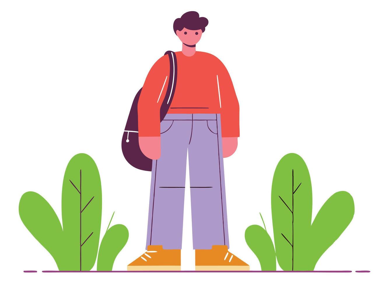 Young Man with Backpack Standing in Nature vector