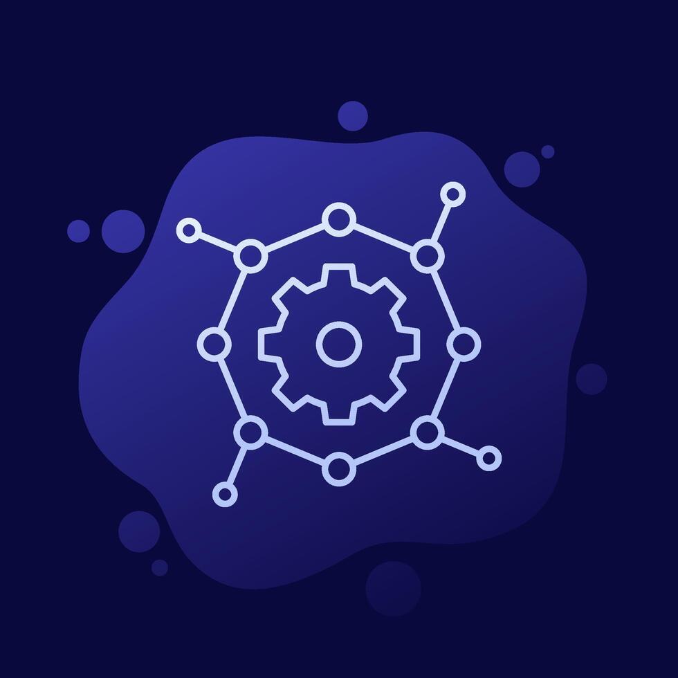 Biomaterial icon with molecule and gear, line vector