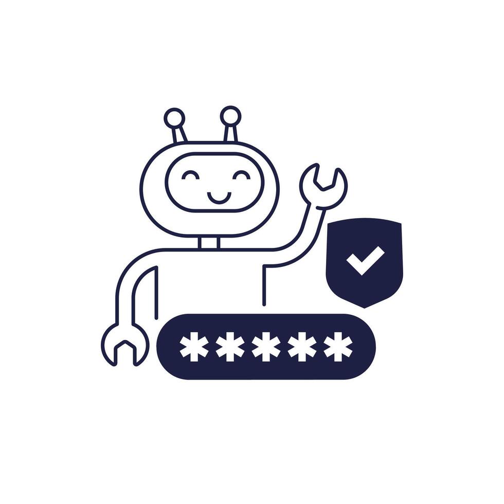 security bot icon on white, robot, password and shield vector