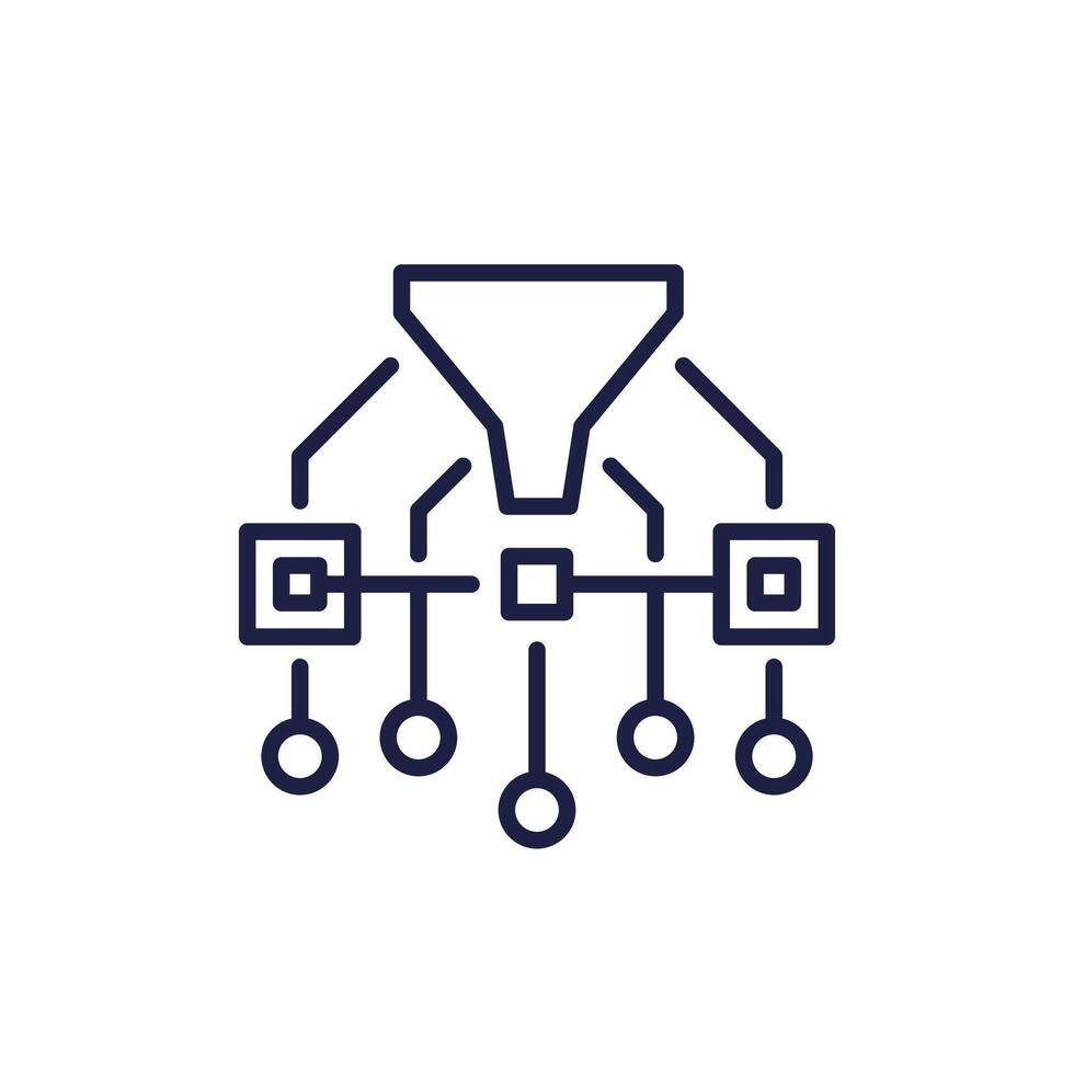 Data filtering icon with funnel, line vector