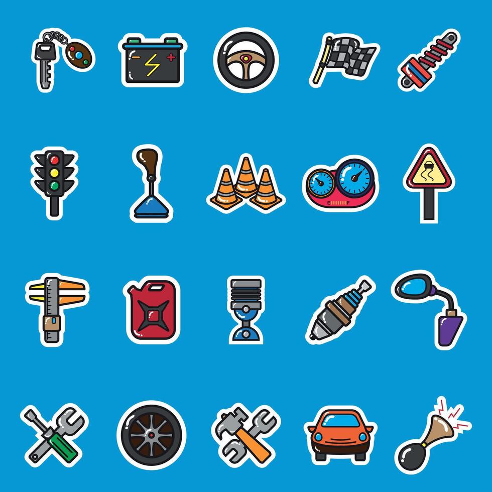 Automotive equipment illustrations made in adorable sticker style vector