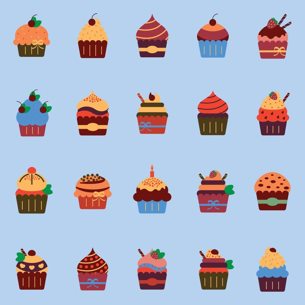 Illustration of a delicious of cupcakes with various shapes and delicious toppings collection vector