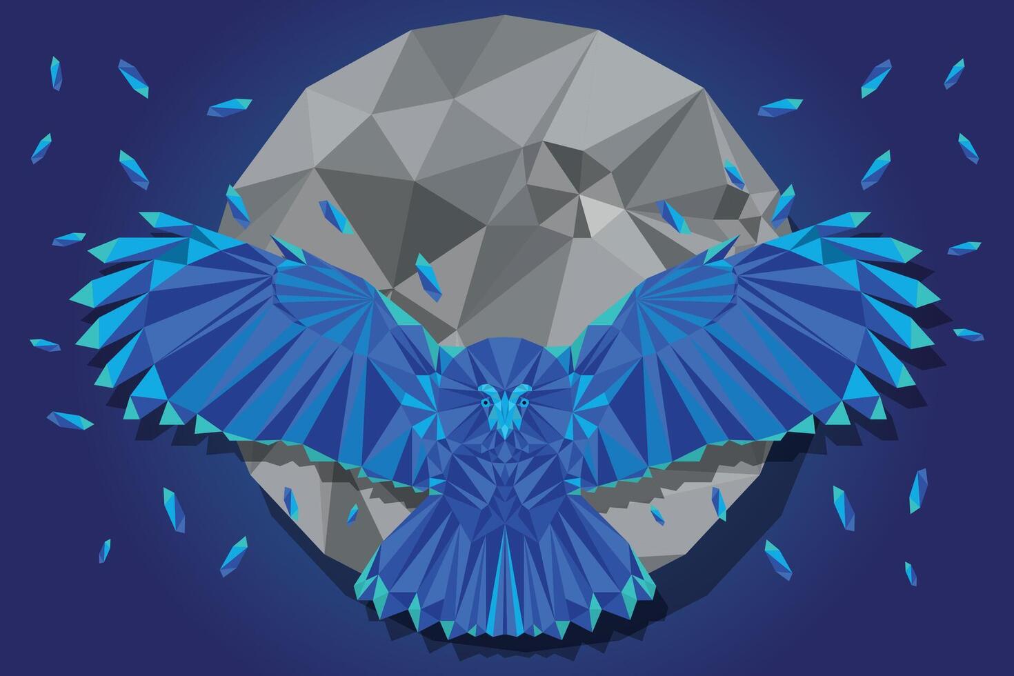 illustration of a flying owl with a moon background at night in low poly style vector