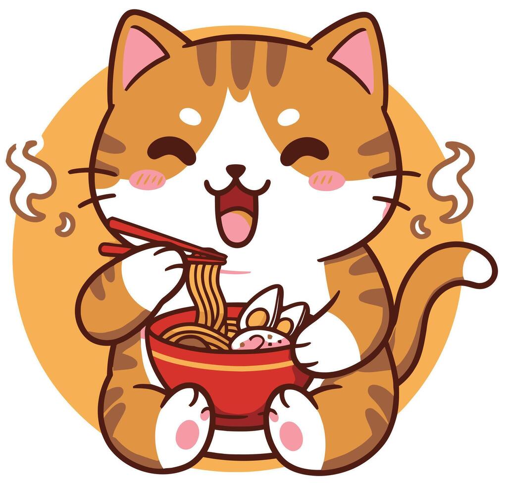 Adorable cartoon cat with stripes enjoying a steaming bowl of ramen noodles with eggs and broth vector