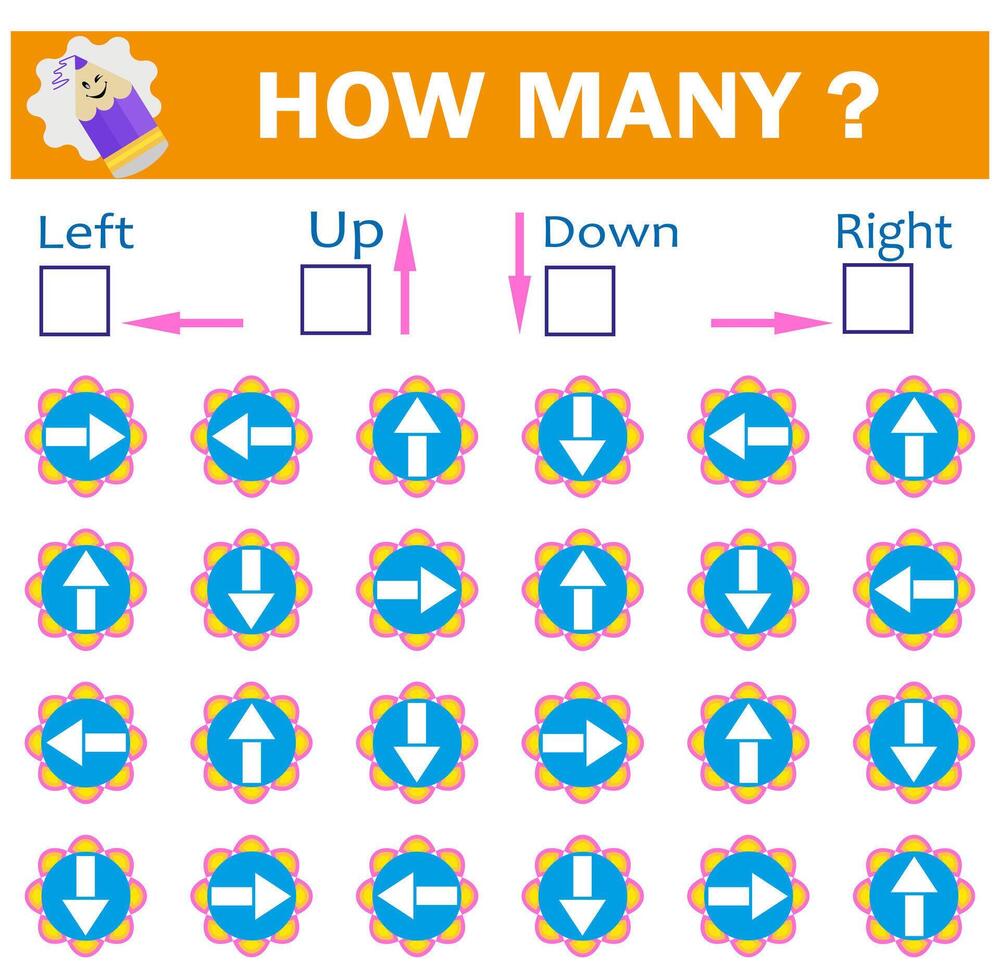 Left or Right. Up or down. Logic game for kids. Count how many arrows are turned left and how many are turned right, also up and down vector