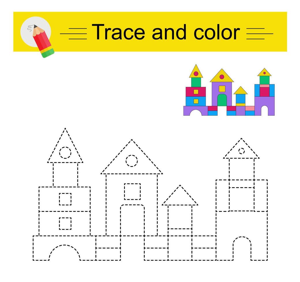 Trace and color for children. Preschool worksheet for practicing fine motor skills. Cartoon castle. vector