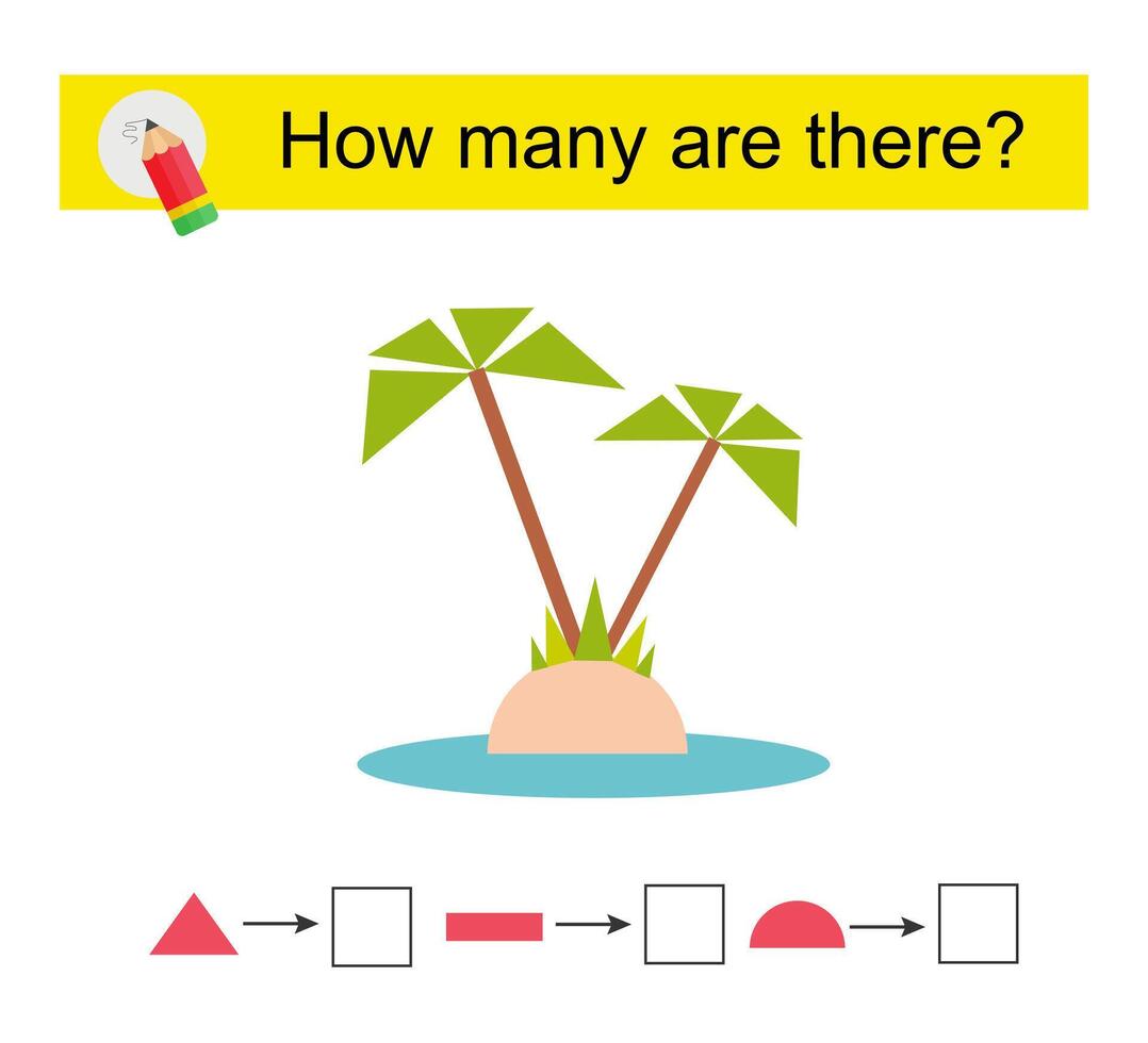Math activity for kids. How many geometric shapes Cartoon palm tree. vector