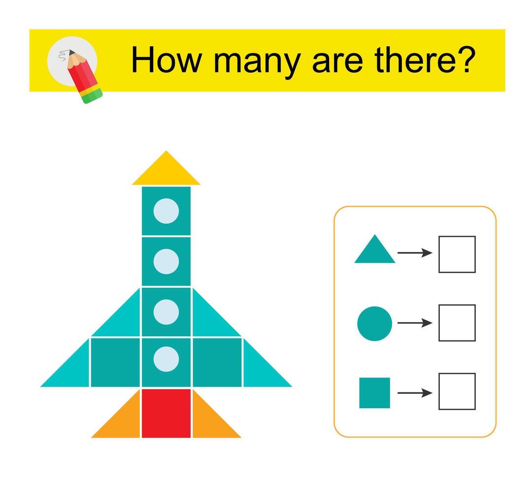 Math activity for kids. How many geometric shapes Cartoon rocket. vector