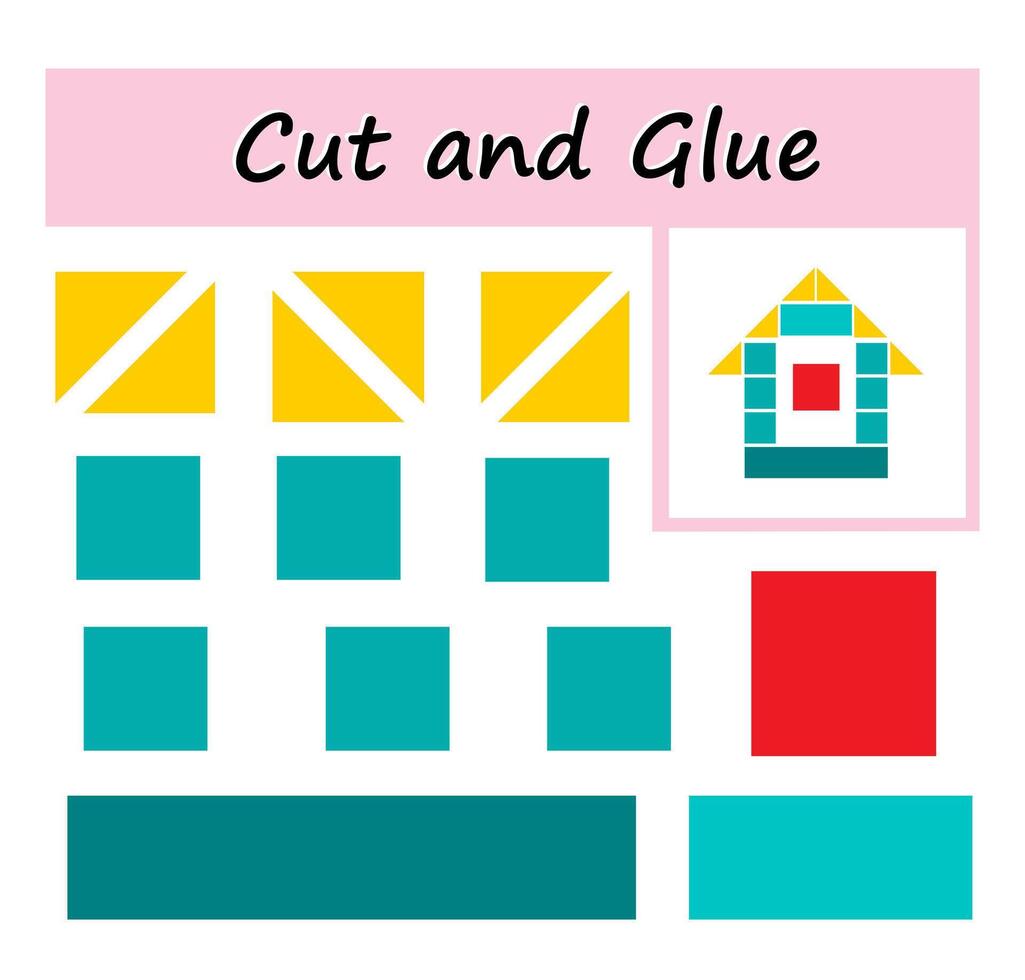 Cut parts of the image and glue on the paper. illustration of house from geometric shapes. vector