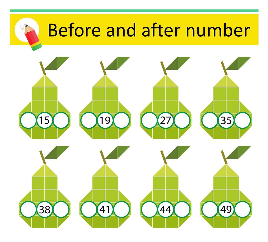 What comes Before and After. Math worksheets for kids. Number range up to 50. illustration vector